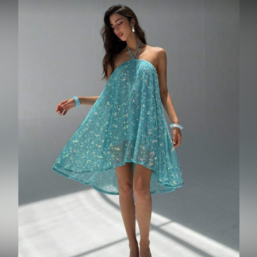 SHEIN Turquoise High Low Blue Sequin Halter Dress